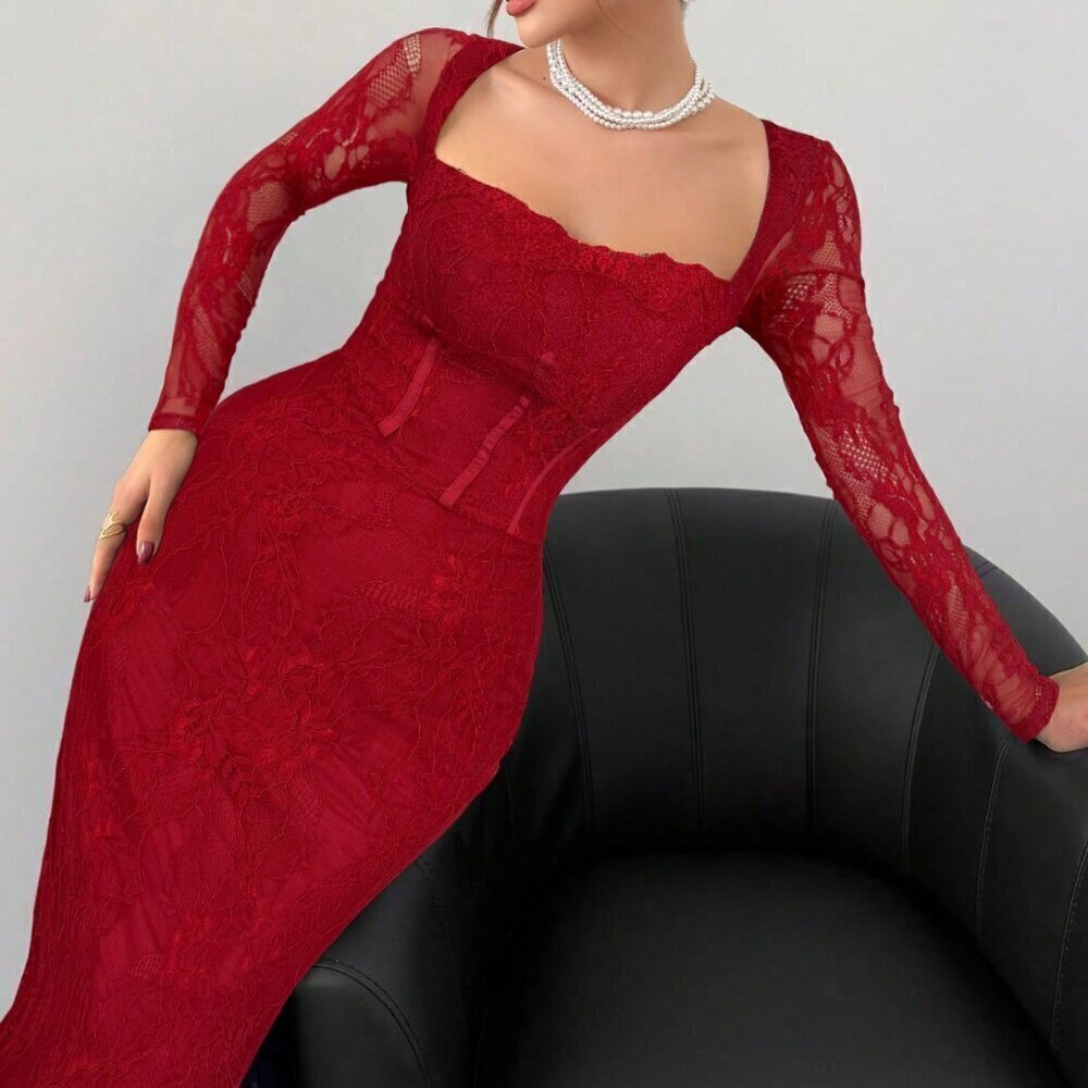 Burgundy Casual Women's Date Night Lace Long Sleeve Square Neck Bodycon Dress
